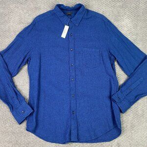 J. CREW Shirt Men's Large Slim Blue Black Houndstooth Linen Cotton Flannel